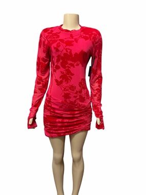NWT AFRM Sz L Mirza Floral Flocked Mesh Ruched Bodycon Midi Dress Long Sleeves